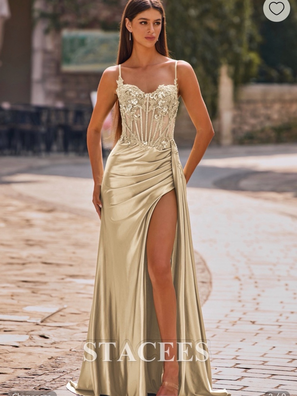 Stacees Champagne Embellished Corset Prom Gown with High Slit